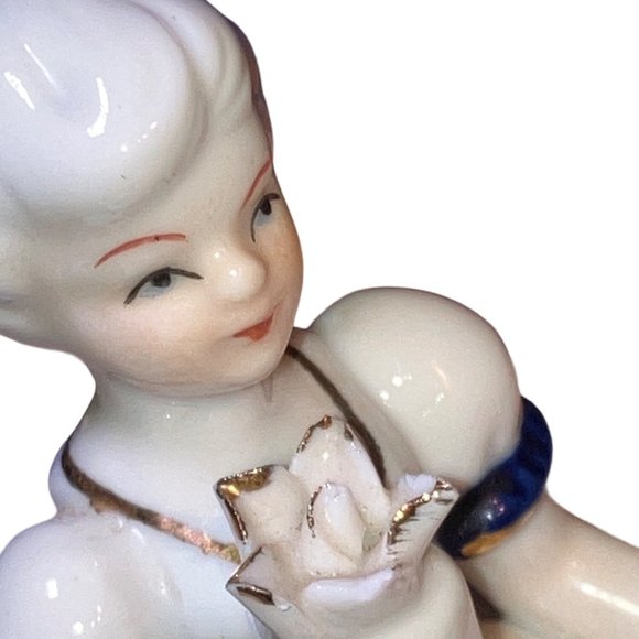 Girl Figurine Blue White Dress Gold Colored Accents - Picture 15 of 15